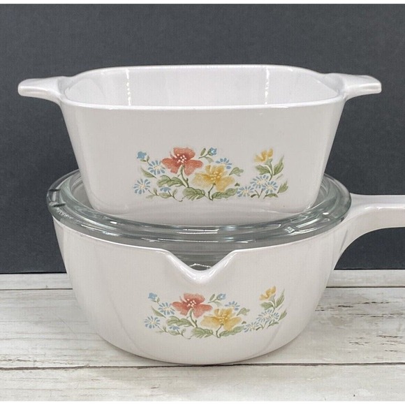 2 Vintage Corning Ware Dishes MEADOW Casserole P43B /Saucepan P89B W/LID - Picture 1 of 12